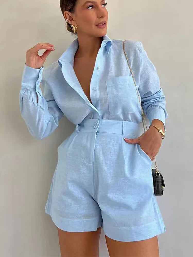 Casual Long Sleeve Shorts Suit – Stylish 2-Piece Outfit for Women