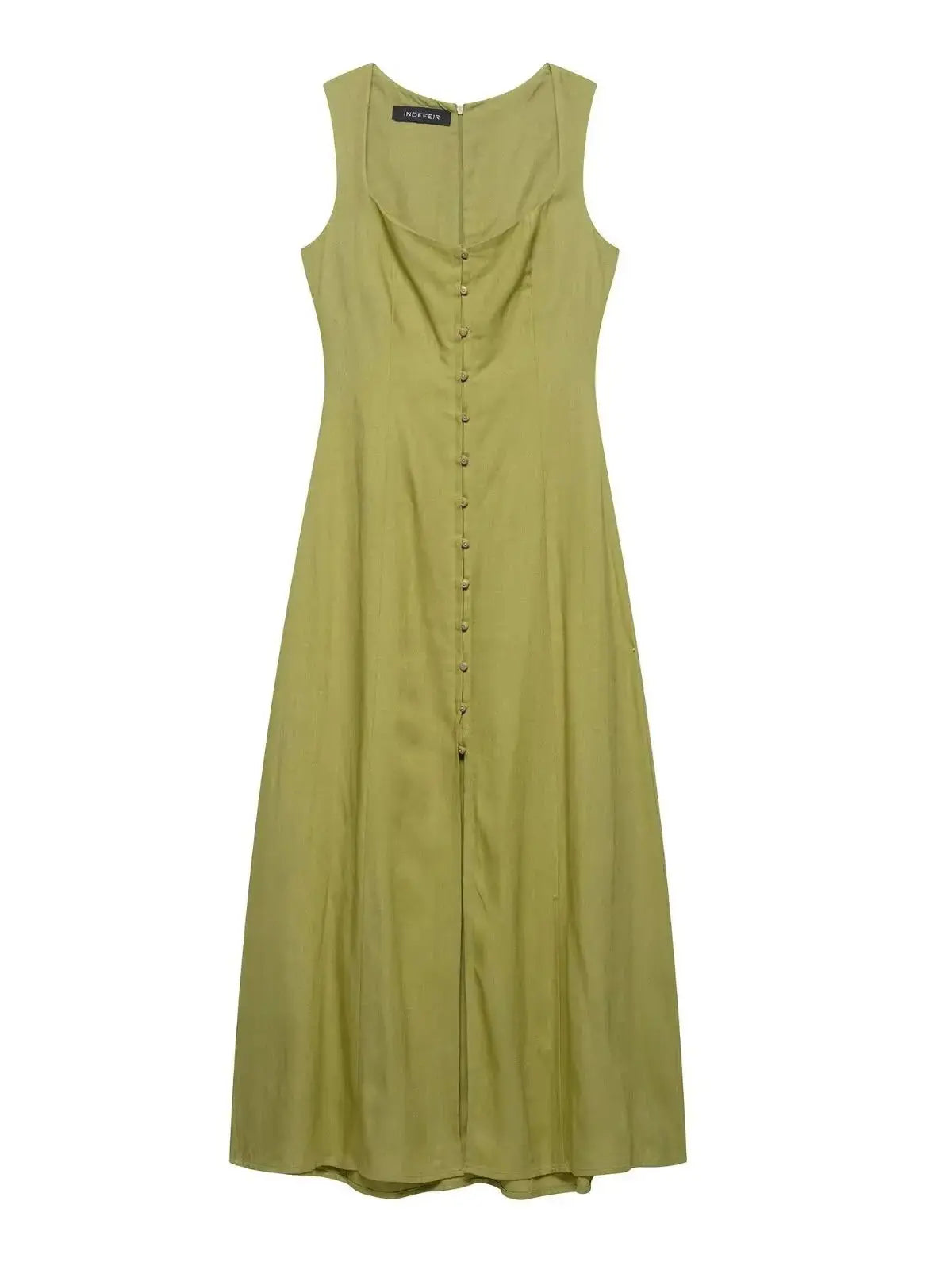 Ladies’ Vacation Midi Dress – Solid Green Square Neck with Front Buttons