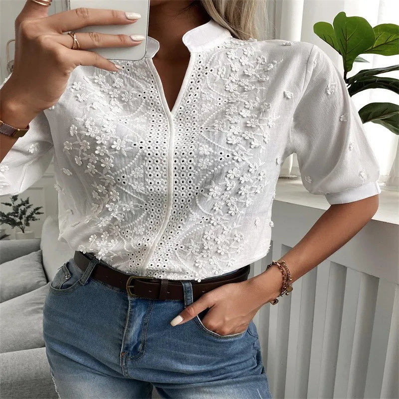 Elegant Summer White Blouse – Vintage Crochet Hollow Short Sleeve Top
