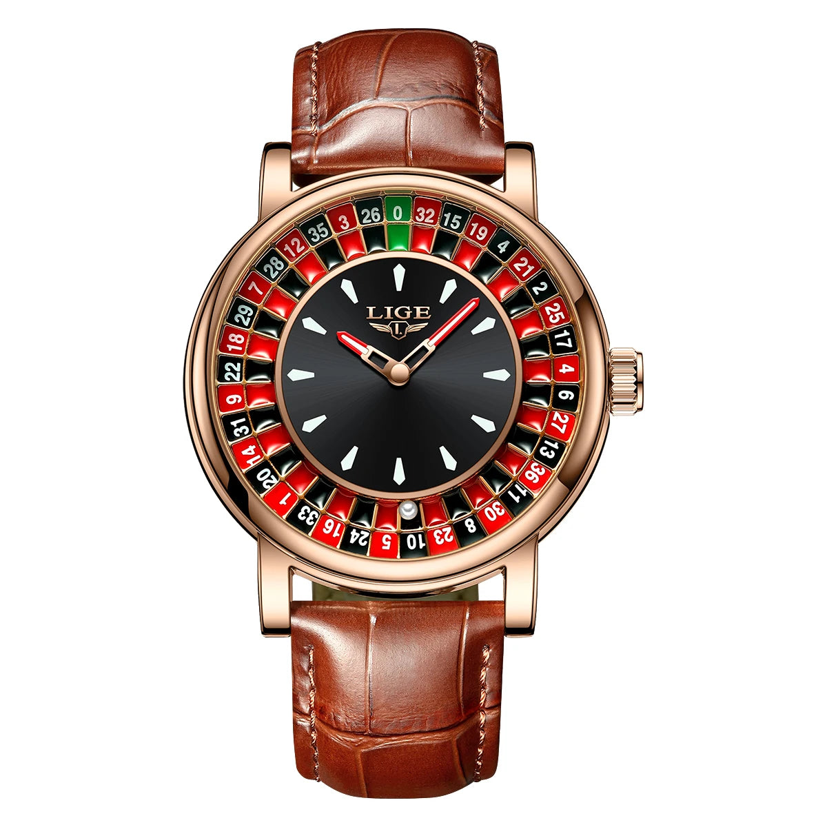 LIGE Men’s Fashion Watch – Brown Leather Strap with Rotating Roulette Dial