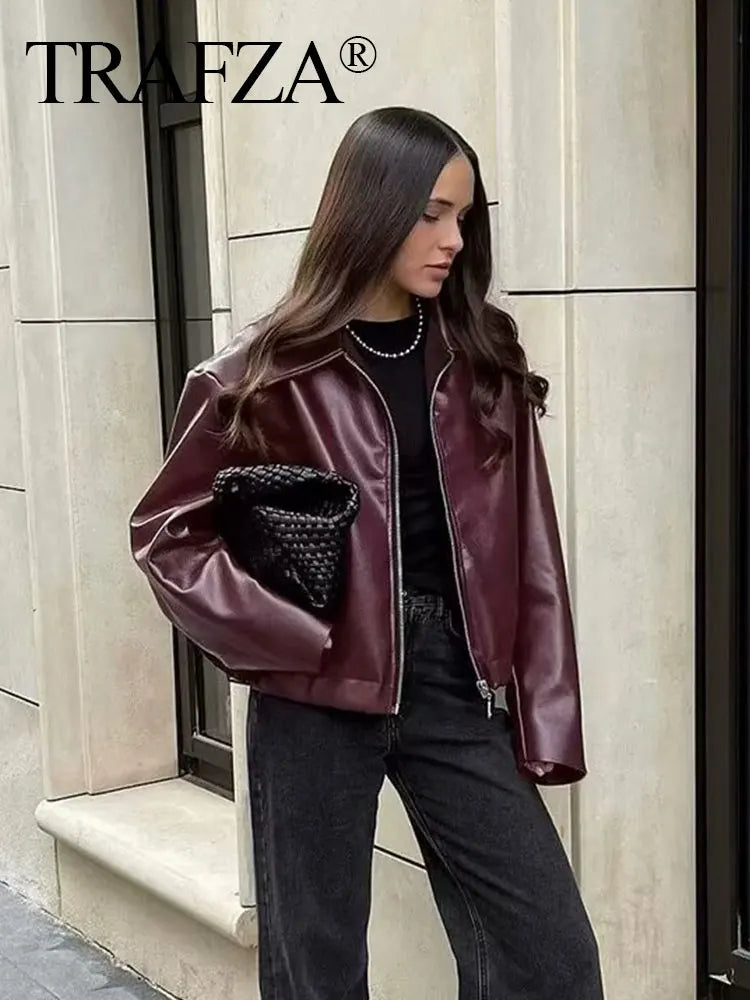Fashion PU Leather Lapel Jacket – Warm Zipper Outerwear for Ladies