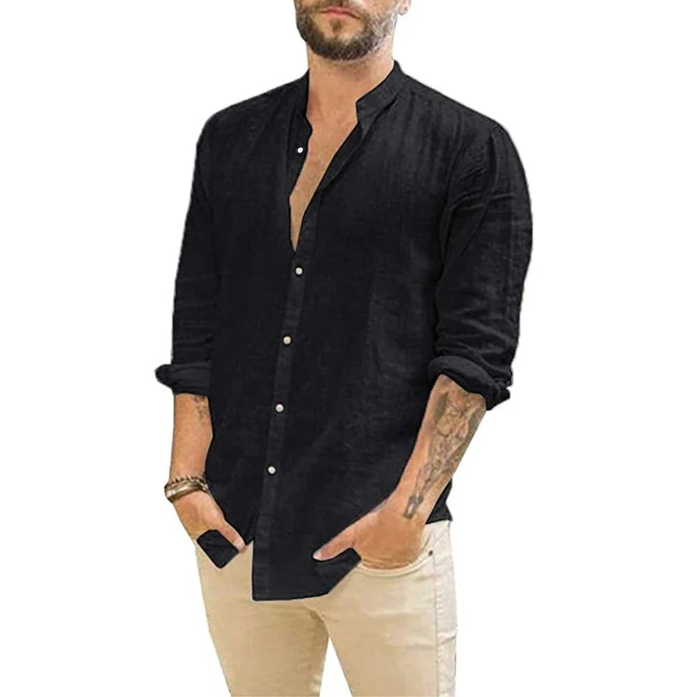 Casual Cotton Linen Beach Shirt for Men – Breathable Plus Size Long Sleeve