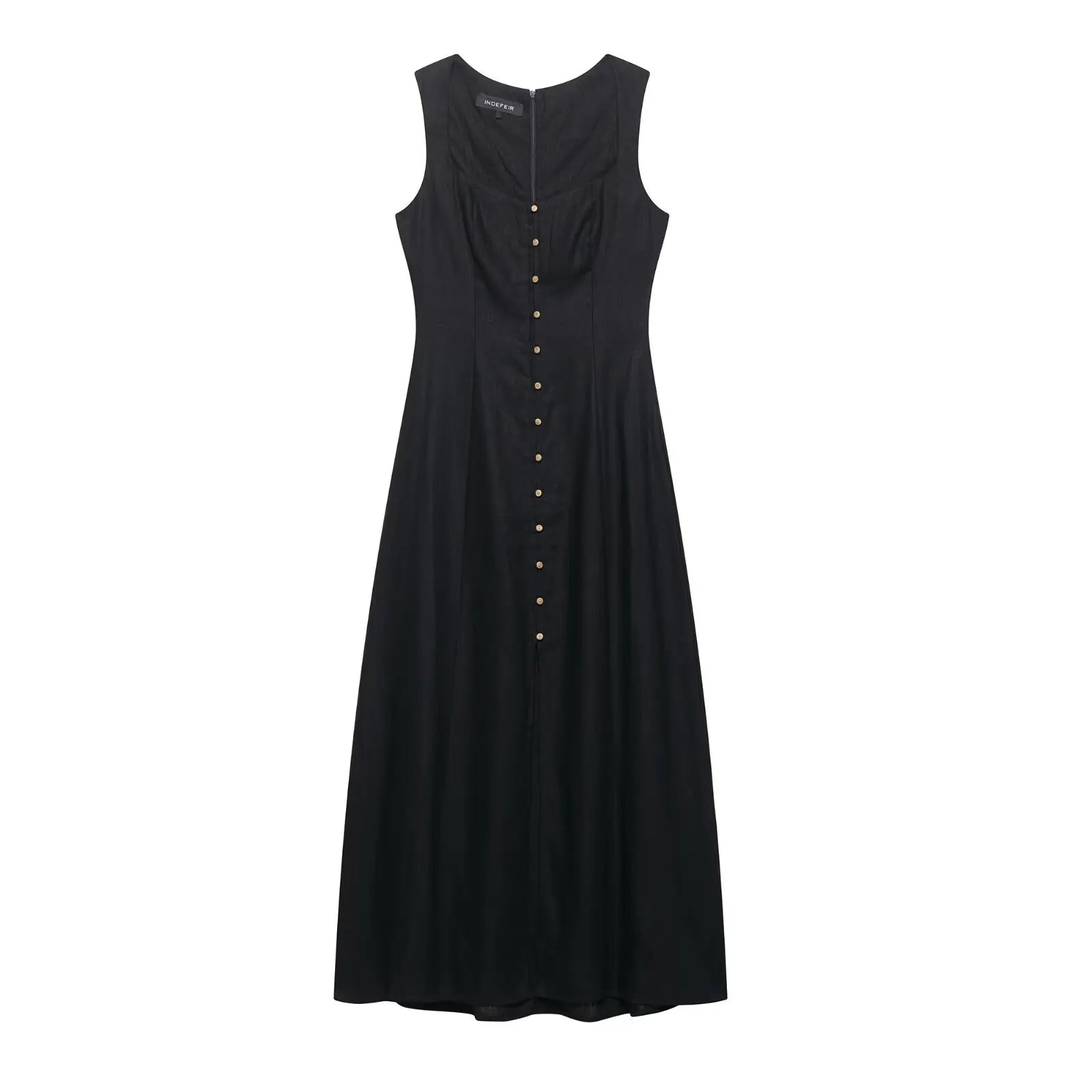 Ladies’ Vacation Midi Dress – Solid Green Square Neck with Front Buttons