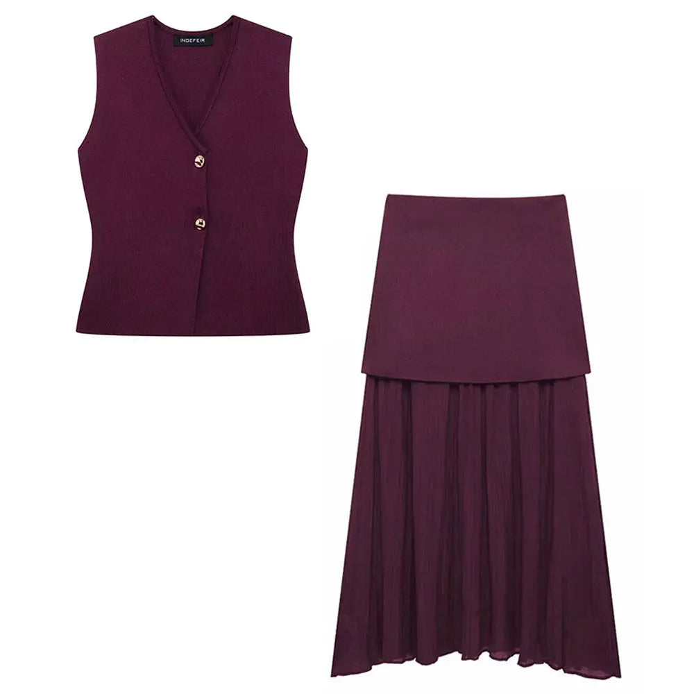 Women’s Knitted Skirt Set – Sleeveless V-Neck Vest & High Waist Long Skirt