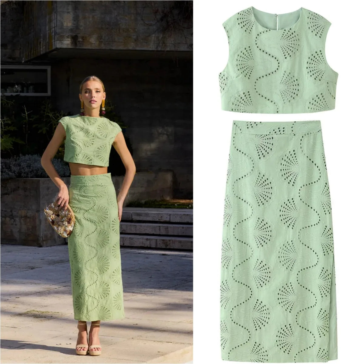 Trendy Hollow Embroidered Jacket & High-Waist Skirt Ensemble – Stylish Women’s Suit