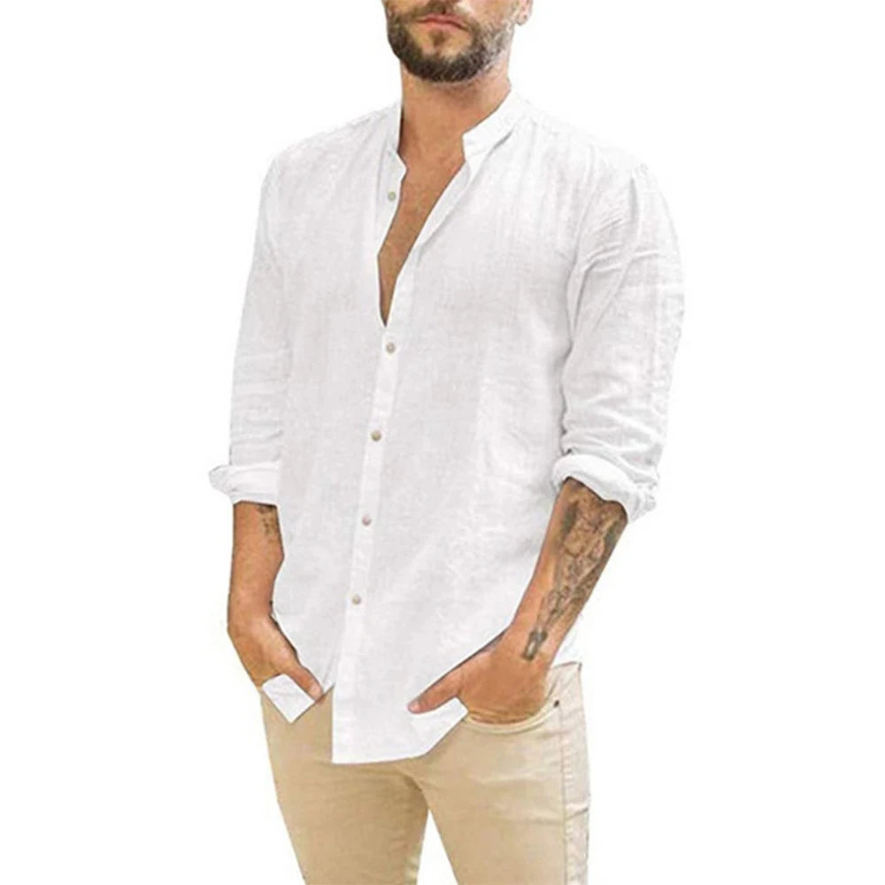 Casual Cotton Linen Beach Shirt for Men – Breathable Plus Size Long Sleeve