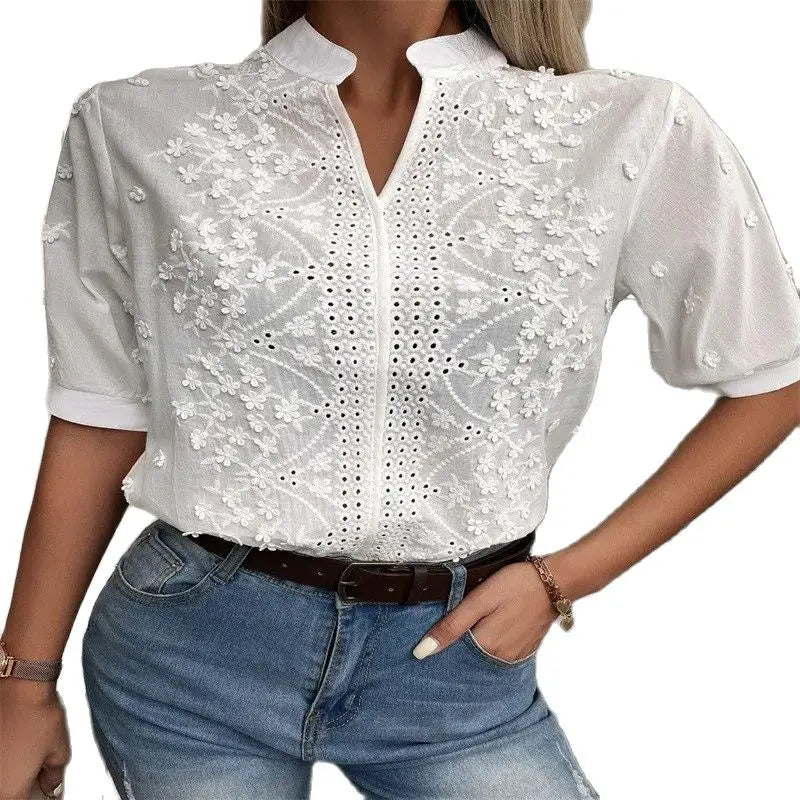 Elegant Summer White Blouse – Vintage Crochet Hollow Short Sleeve Top