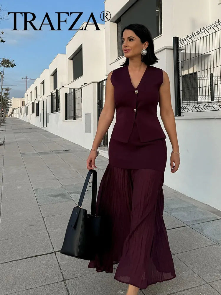 Women’s Knitted Skirt Set – Sleeveless V-Neck Vest & High Waist Long Skirt