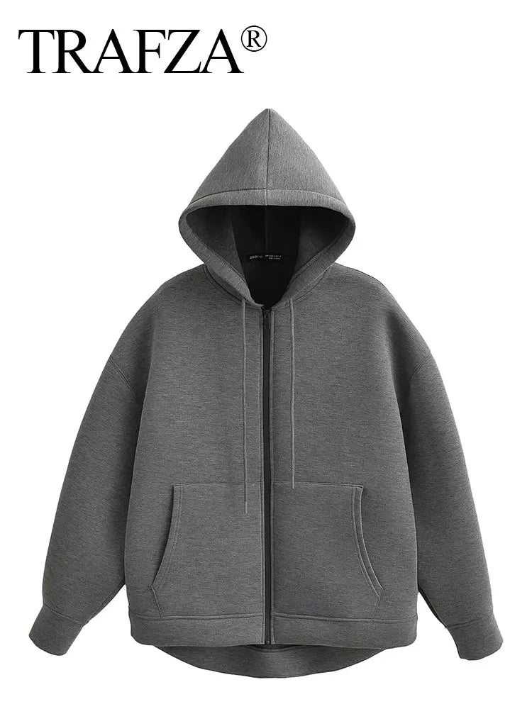 Women’s Autumn Hooded Jacket – Casual Loose Fit with Zipper & Pockets