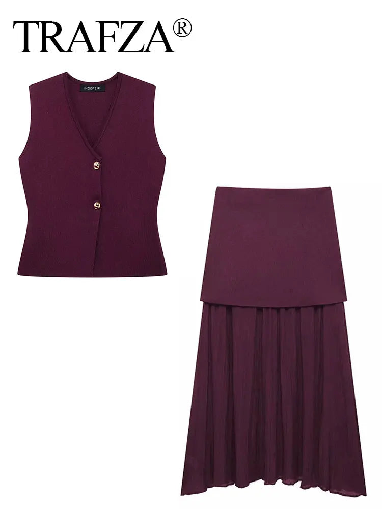 Women’s Knitted Skirt Set – Sleeveless V-Neck Vest & High Waist Long Skirt