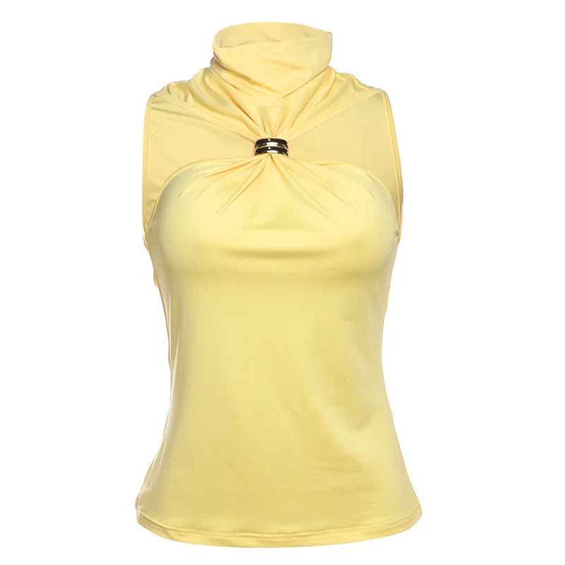 Solid Stretch Sleeveless Top – Chic Casual Metal Knot Tank for Women