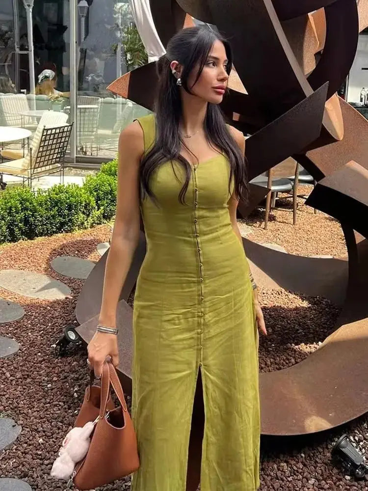 Ladies’ Vacation Midi Dress – Solid Green Square Neck with Front Buttons