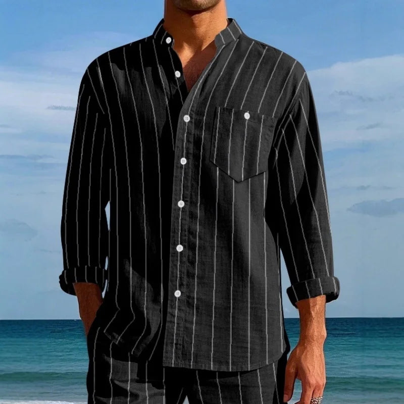 Men’s Autumn Linen Shirt – Striped Long Sleeve with Stand Collar & Pocket