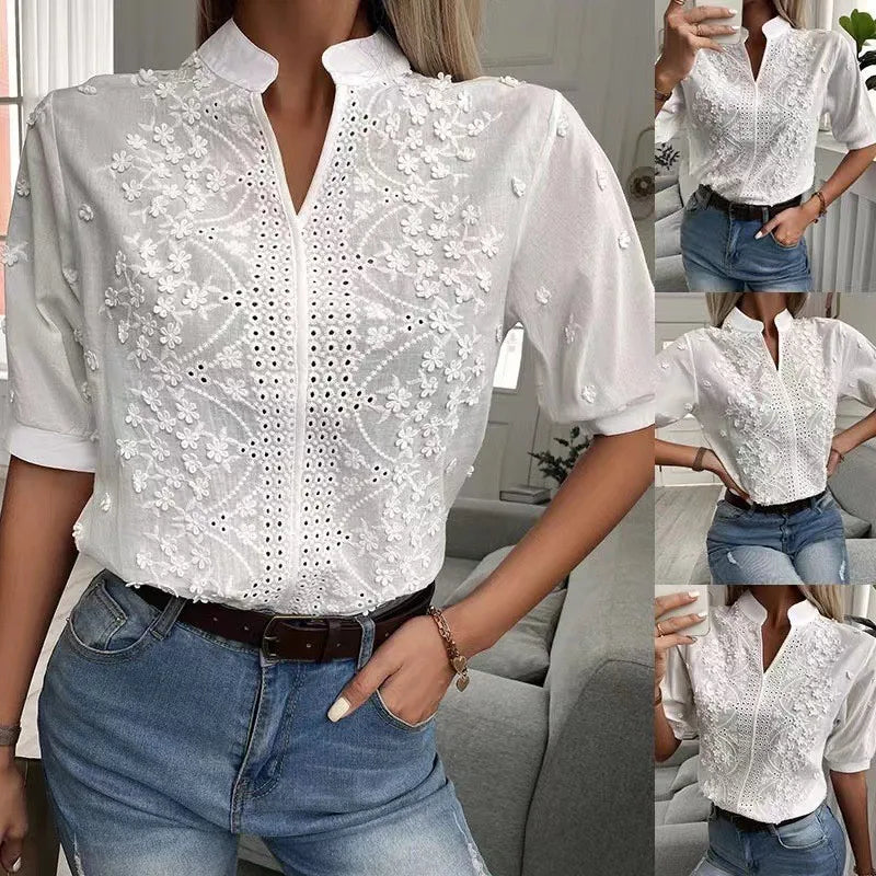 Elegant Summer White Blouse – Vintage Crochet Hollow Short Sleeve Top