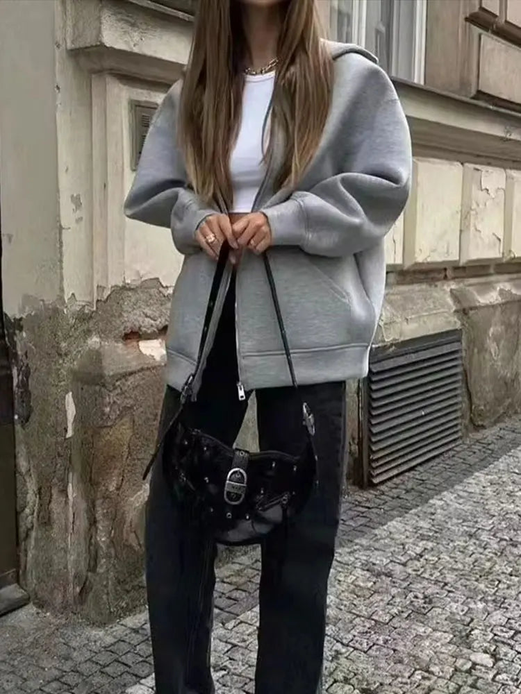 Women’s Autumn Hooded Jacket – Casual Loose Fit with Zipper & Pockets