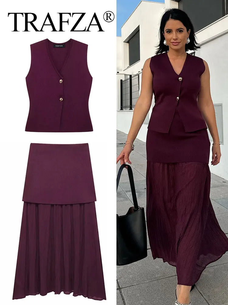 Women’s Knitted Skirt Set – Sleeveless V-Neck Vest & High Waist Long Skirt