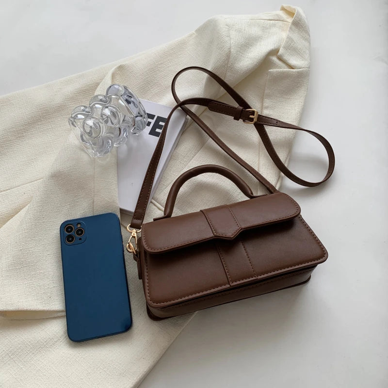 Vintage Black PU Crossbody Bag – Structured Square Satchel for Daily Use