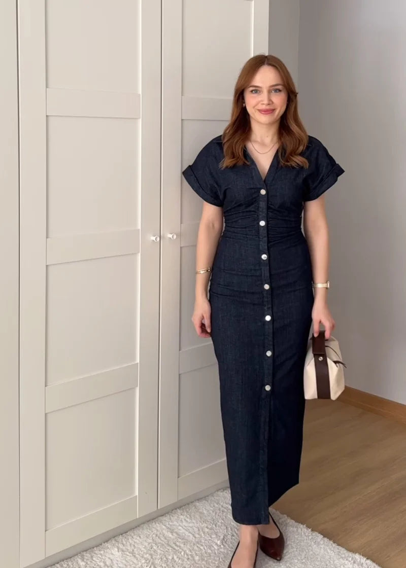 Slim Fit Midi Denim Dress – Stylish Lapel & Side Zip Design