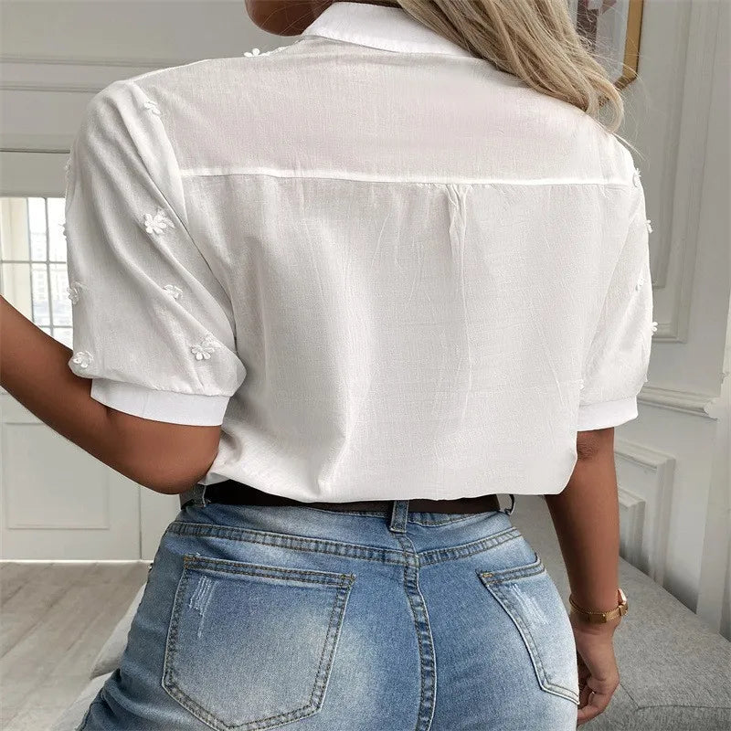 Elegant Summer White Blouse – Vintage Crochet Hollow Short Sleeve Top