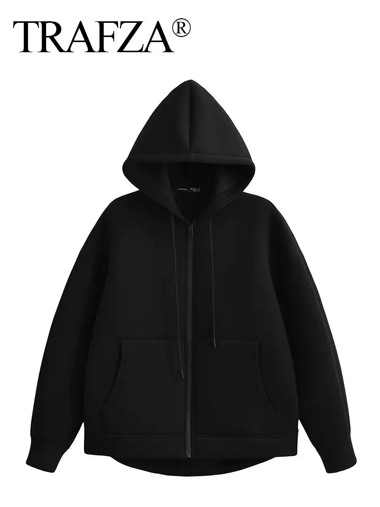 Women’s Autumn Hooded Jacket – Casual Loose Fit with Zipper & Pockets