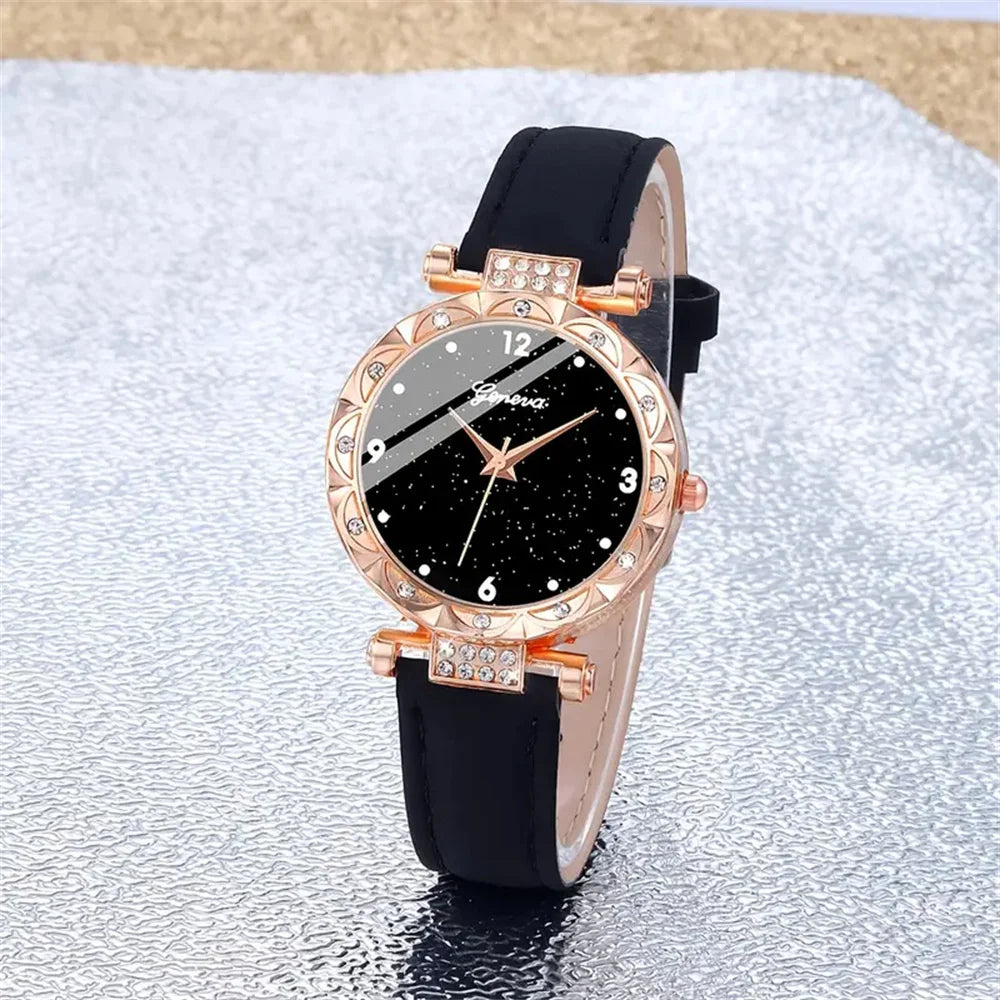 Fashion Women’s Quartz Wristwatch & Bracelet Set – Sparkling 5Pcs Gift Box
