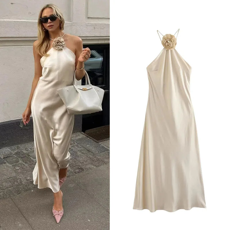 Elegant Long Satin Party Dress – Sleeveless Summer Halter Gown