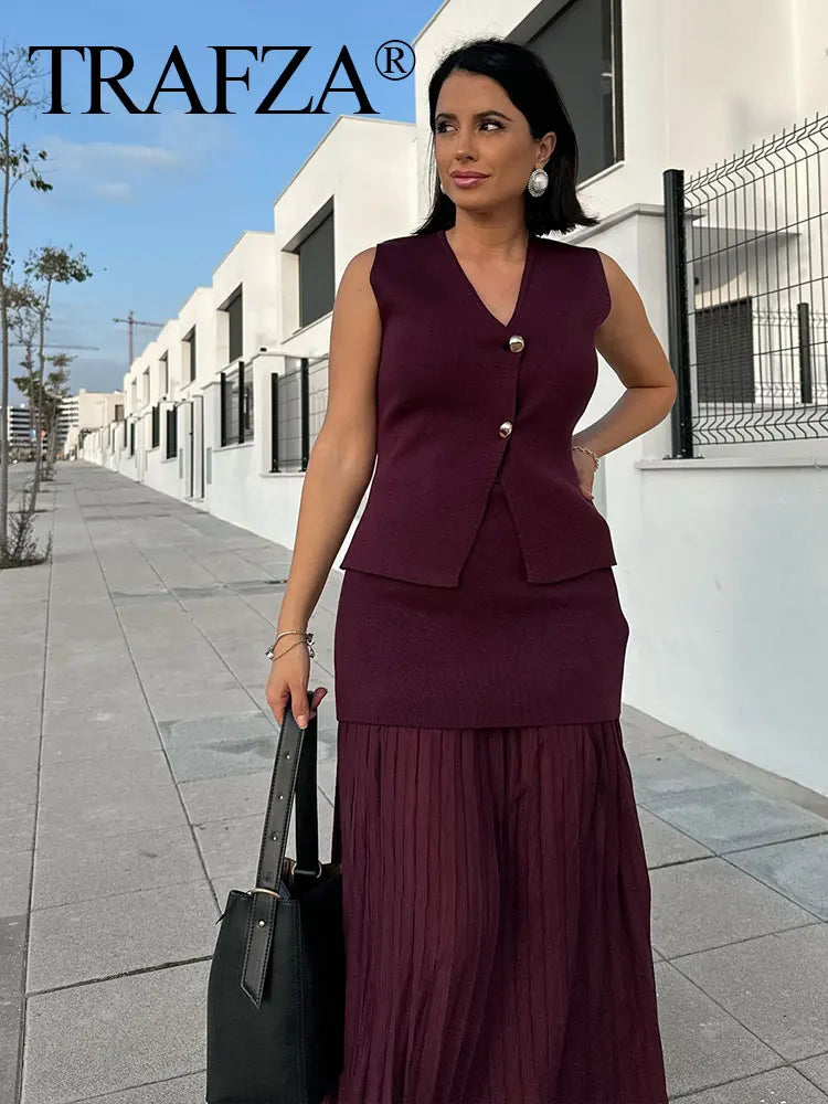 Women’s Knitted Skirt Set – Sleeveless V-Neck Vest & High Waist Long Skirt
