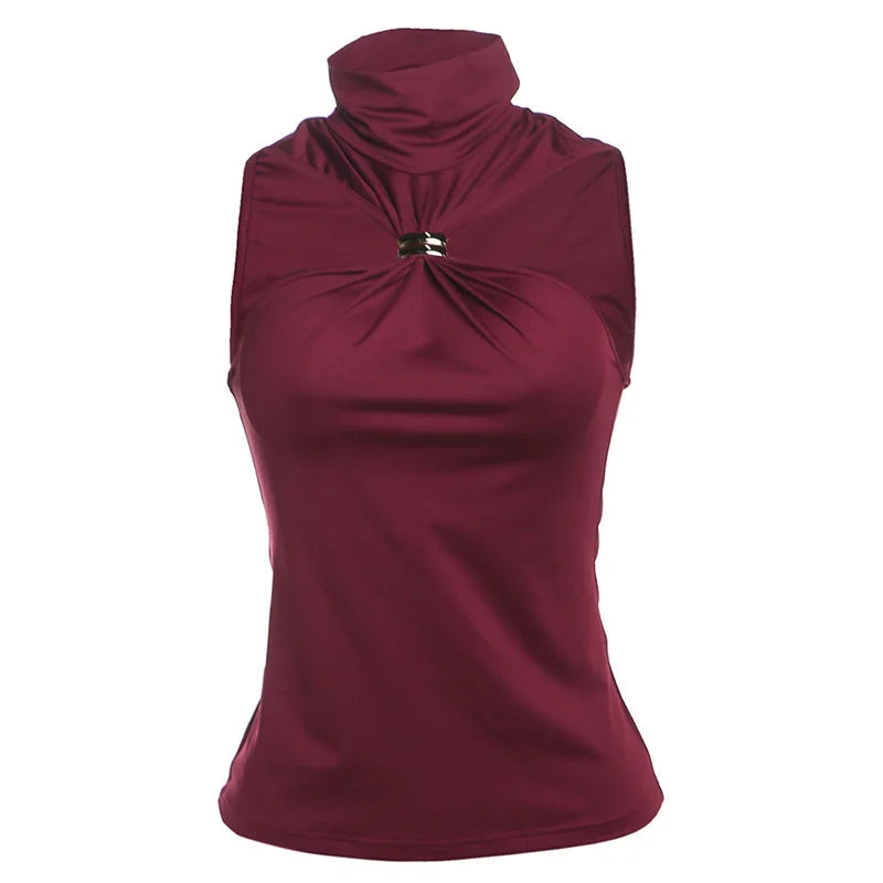 Solid Stretch Sleeveless Top – Chic Casual Metal Knot Tank for Women