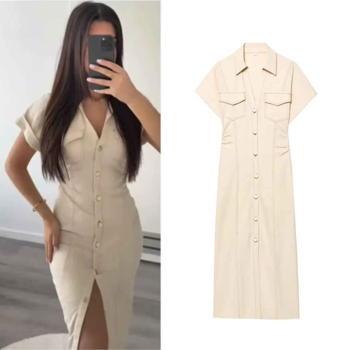 Slim Fit Midi Denim Dress – Stylish Lapel & Side Zip Design