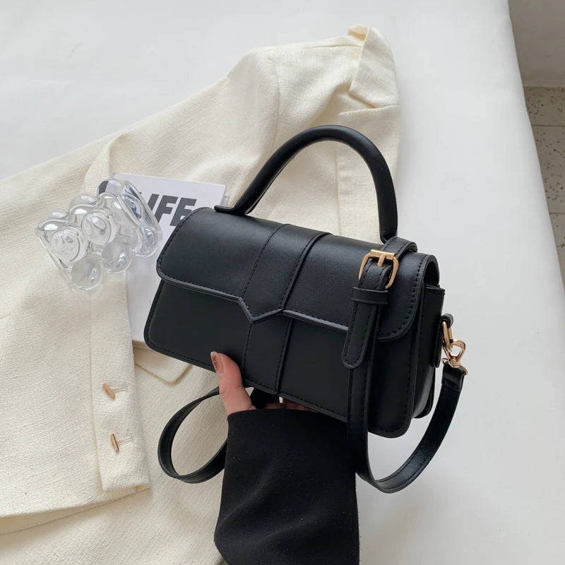 Vintage Black PU Crossbody Bag – Structured Square Satchel for Daily Use