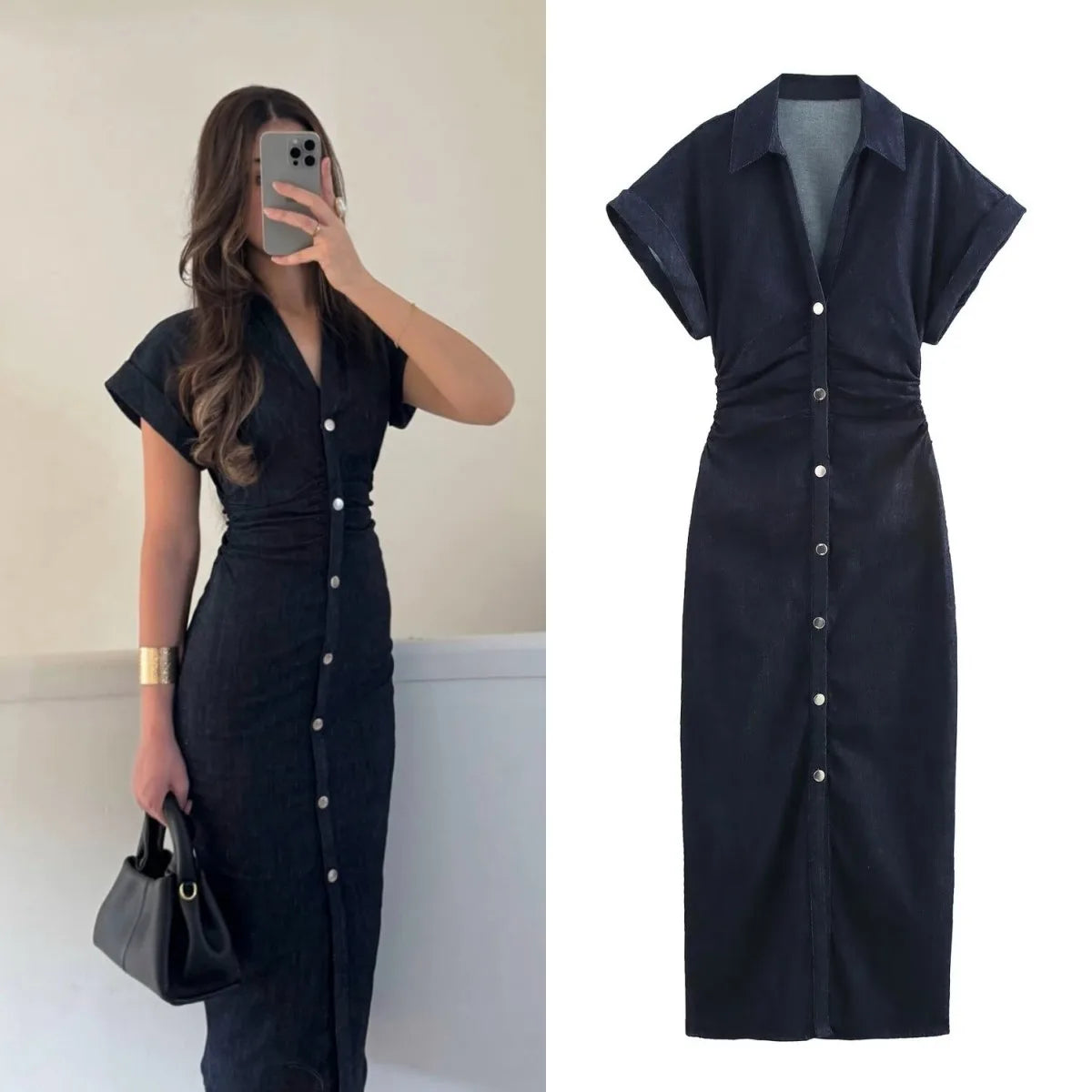 Slim Fit Midi Denim Dress – Stylish Lapel & Side Zip Design