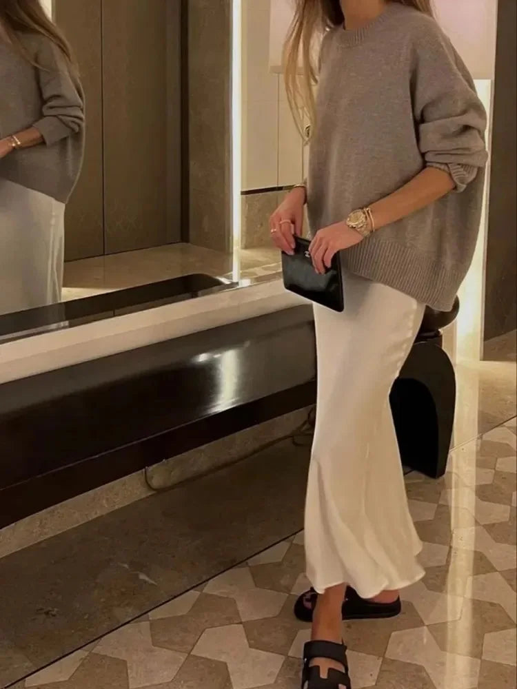 Classic Satin Midi Skirt – Chic High Waist Office & Evening Wear