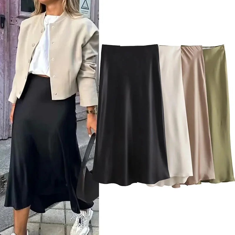 Classic Satin Midi Skirt – Chic High Waist Office & Evening Wear