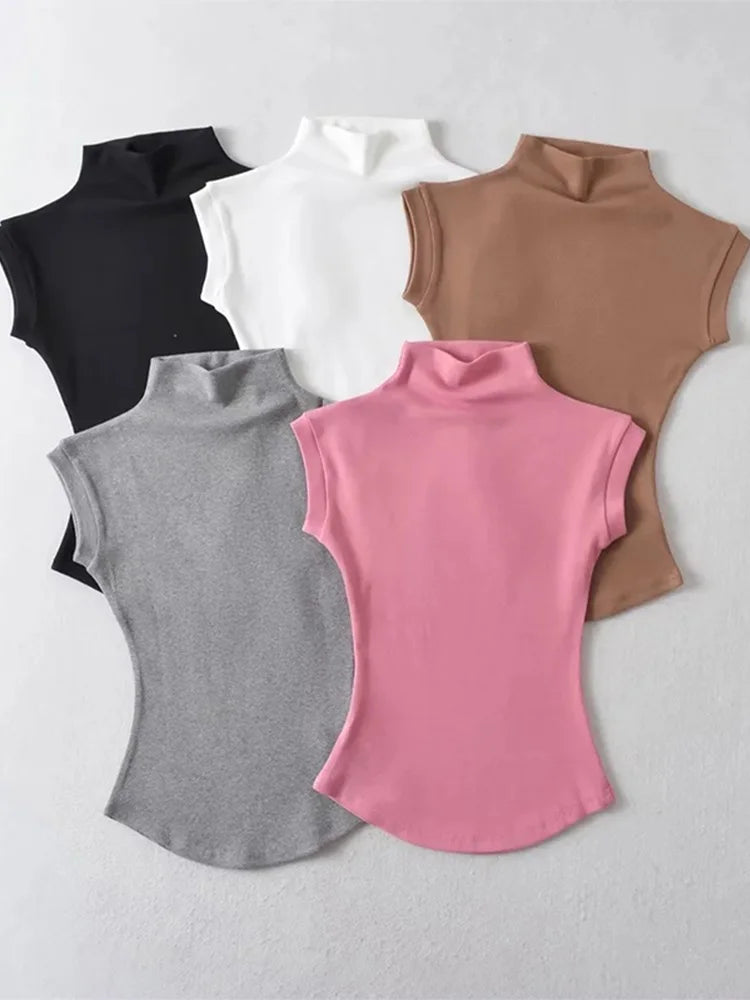 Chic Solid Turtleneck Tank – Casual Slim Pullover Summer Shirt