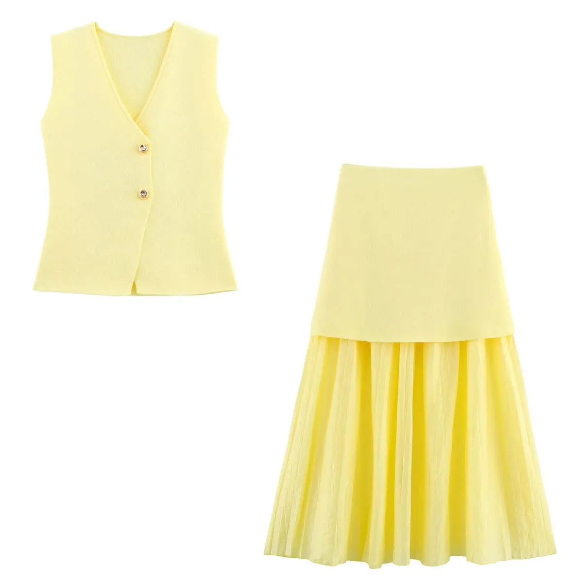 Women’s Knitted Skirt Set – Sleeveless V-Neck Vest & High Waist Long Skirt