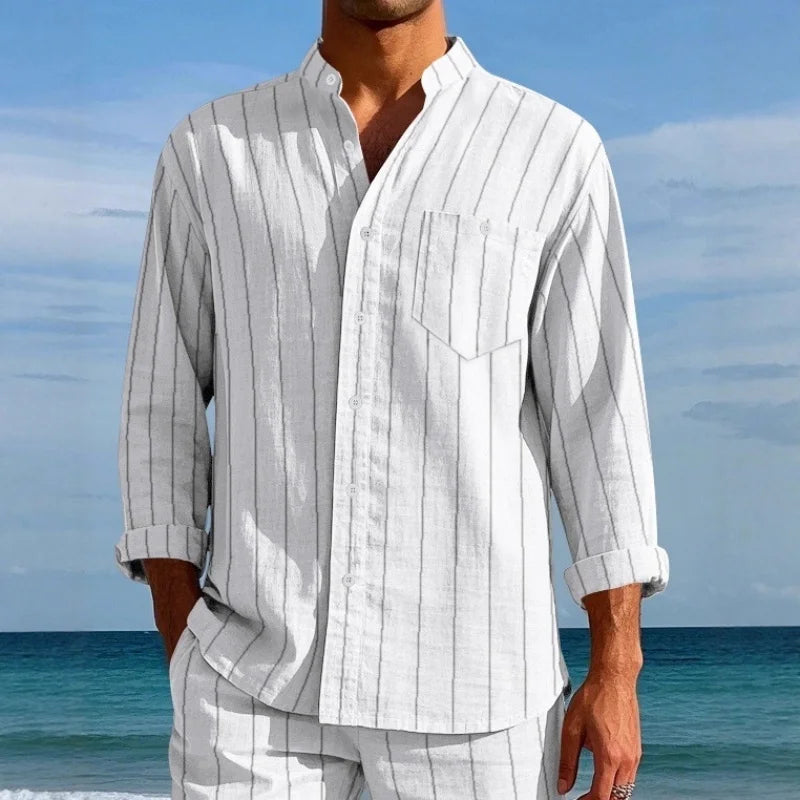 Men’s Autumn Linen Shirt – Striped Long Sleeve with Stand Collar & Pocket