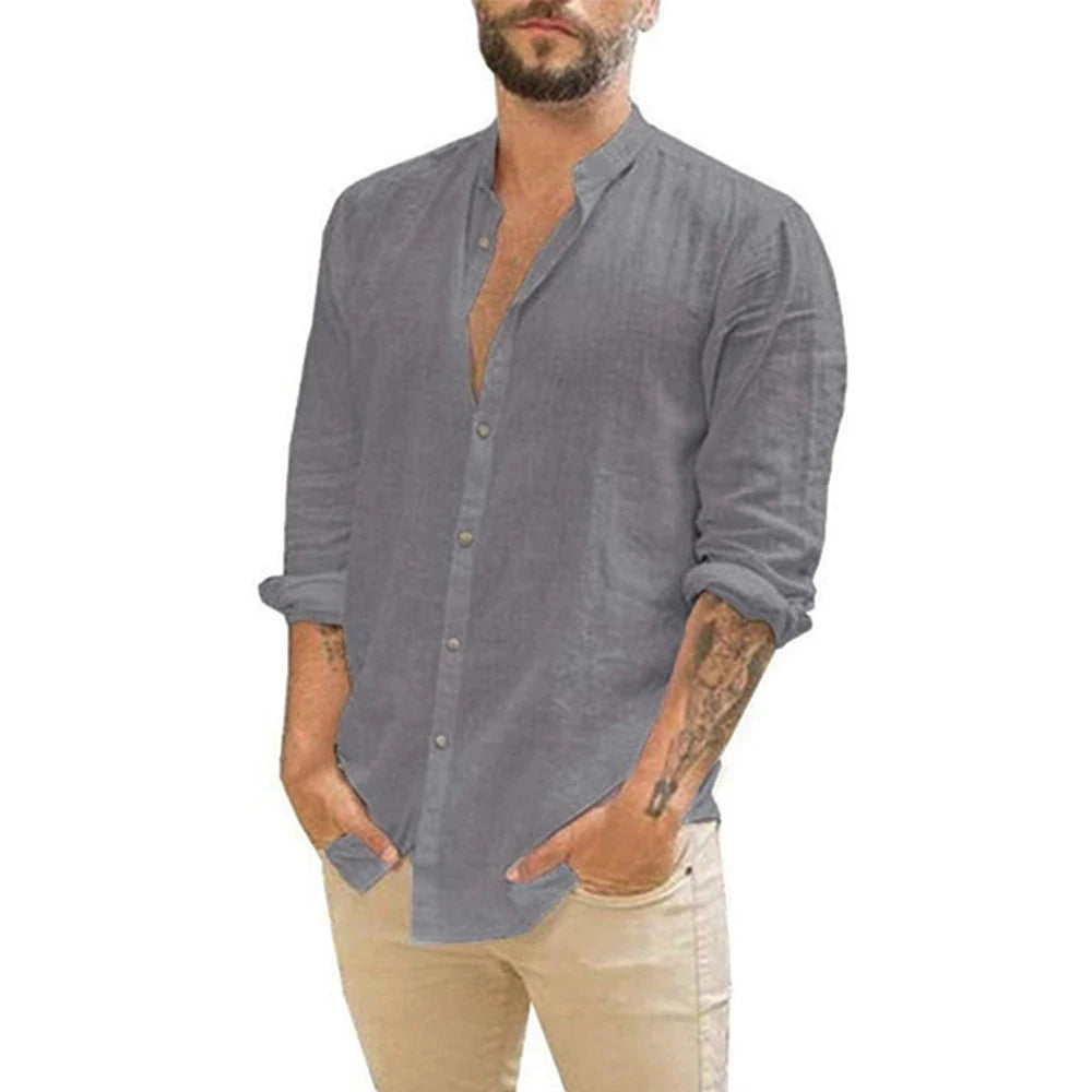 Casual Cotton Linen Beach Shirt for Men – Breathable Plus Size Long Sleeve