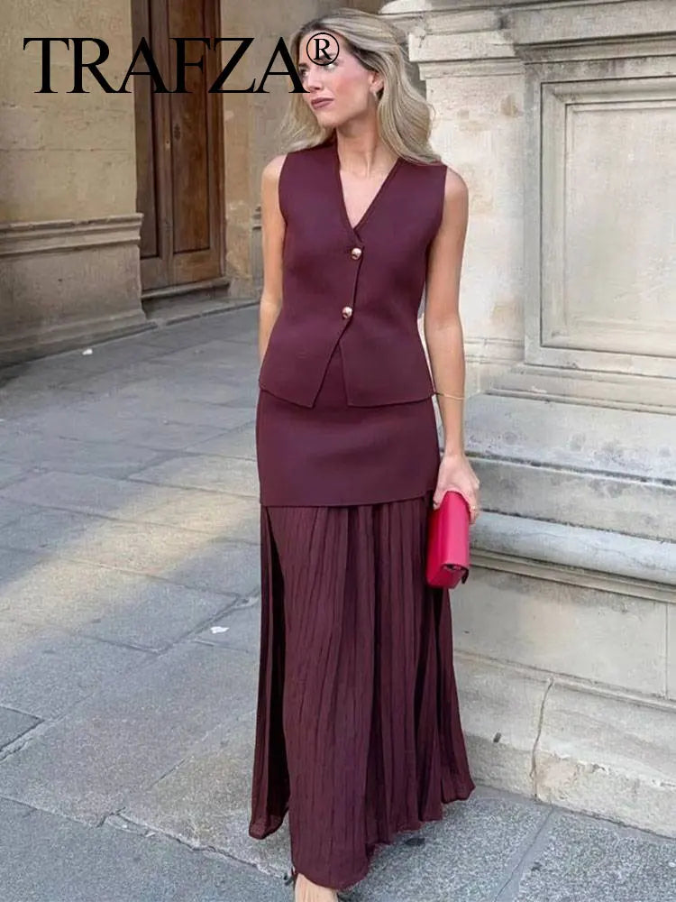 Women’s Knitted Skirt Set – Sleeveless V-Neck Vest & High Waist Long Skirt