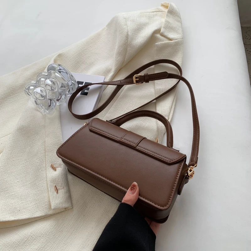 Vintage Black PU Crossbody Bag – Structured Square Satchel for Daily Use