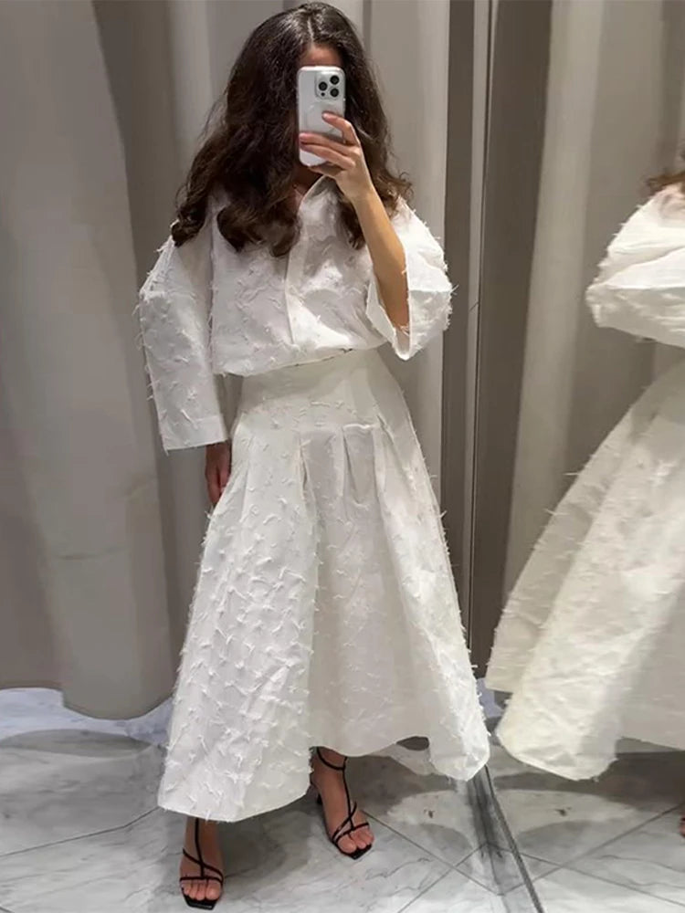 Elegant Shirt and Skirt Set – Women’s Lapel Long Sleeve Top with Pleated High Waist Skirt