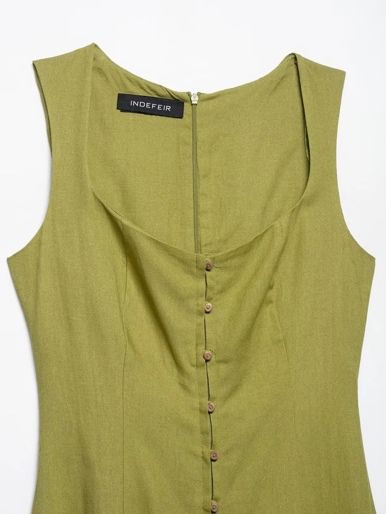Ladies’ Vacation Midi Dress – Solid Green Square Neck with Front Buttons