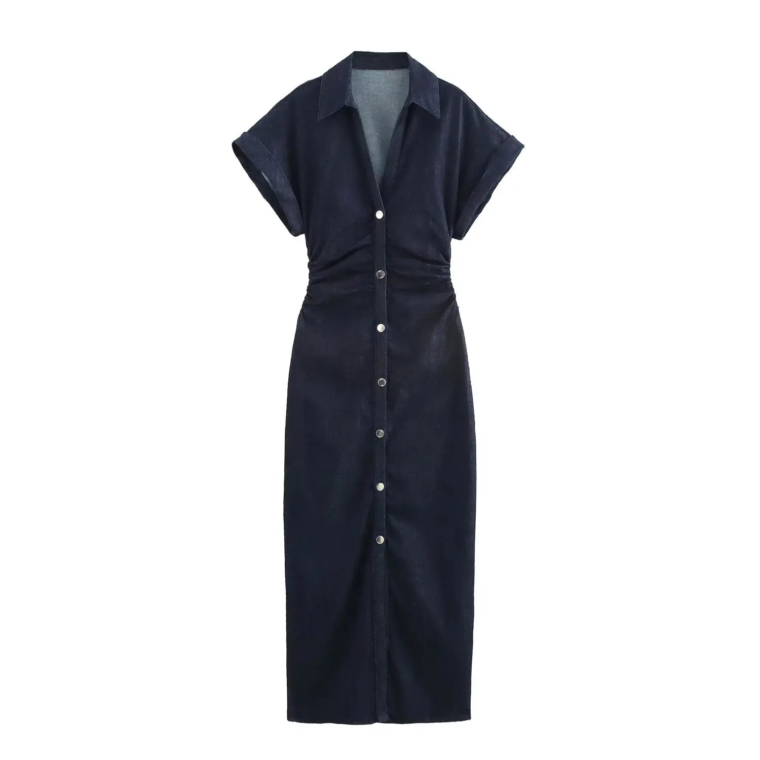 Slim Fit Midi Denim Dress – Stylish Lapel & Side Zip Design