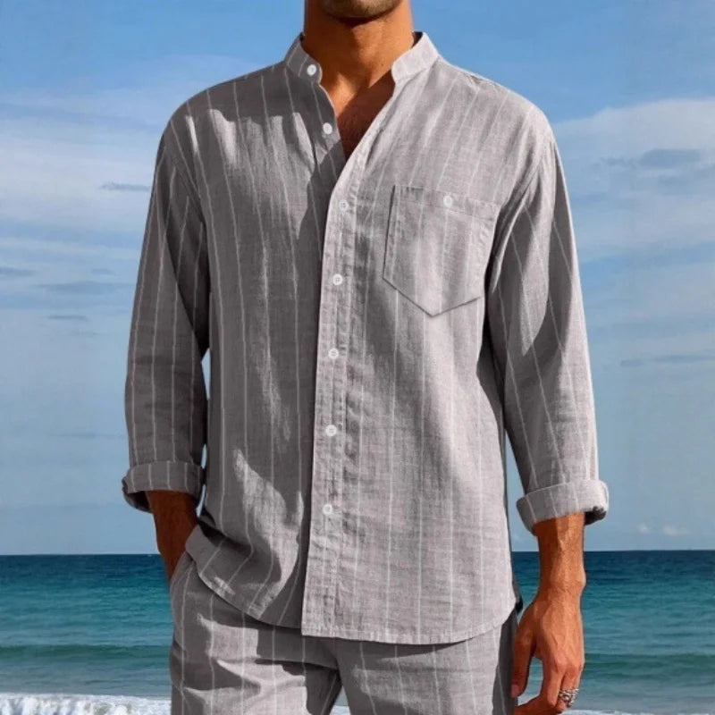 Men’s Autumn Linen Shirt – Striped Long Sleeve with Stand Collar & Pocket