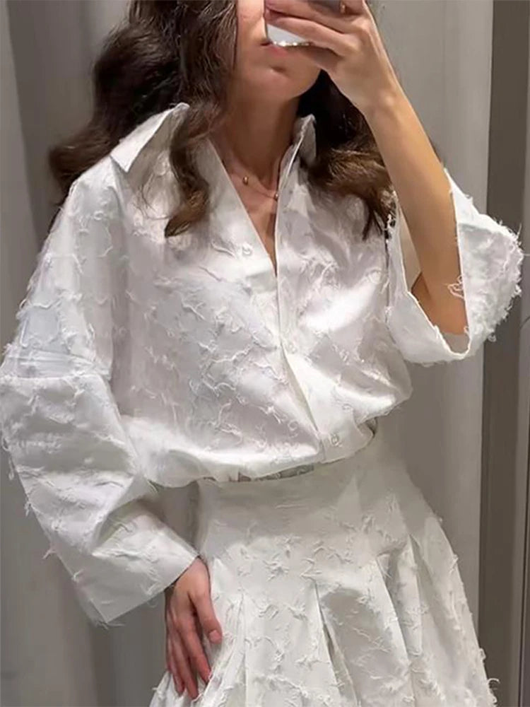 Elegant Shirt and Skirt Set – Women’s Lapel Long Sleeve Top with Pleated High Waist Skirt