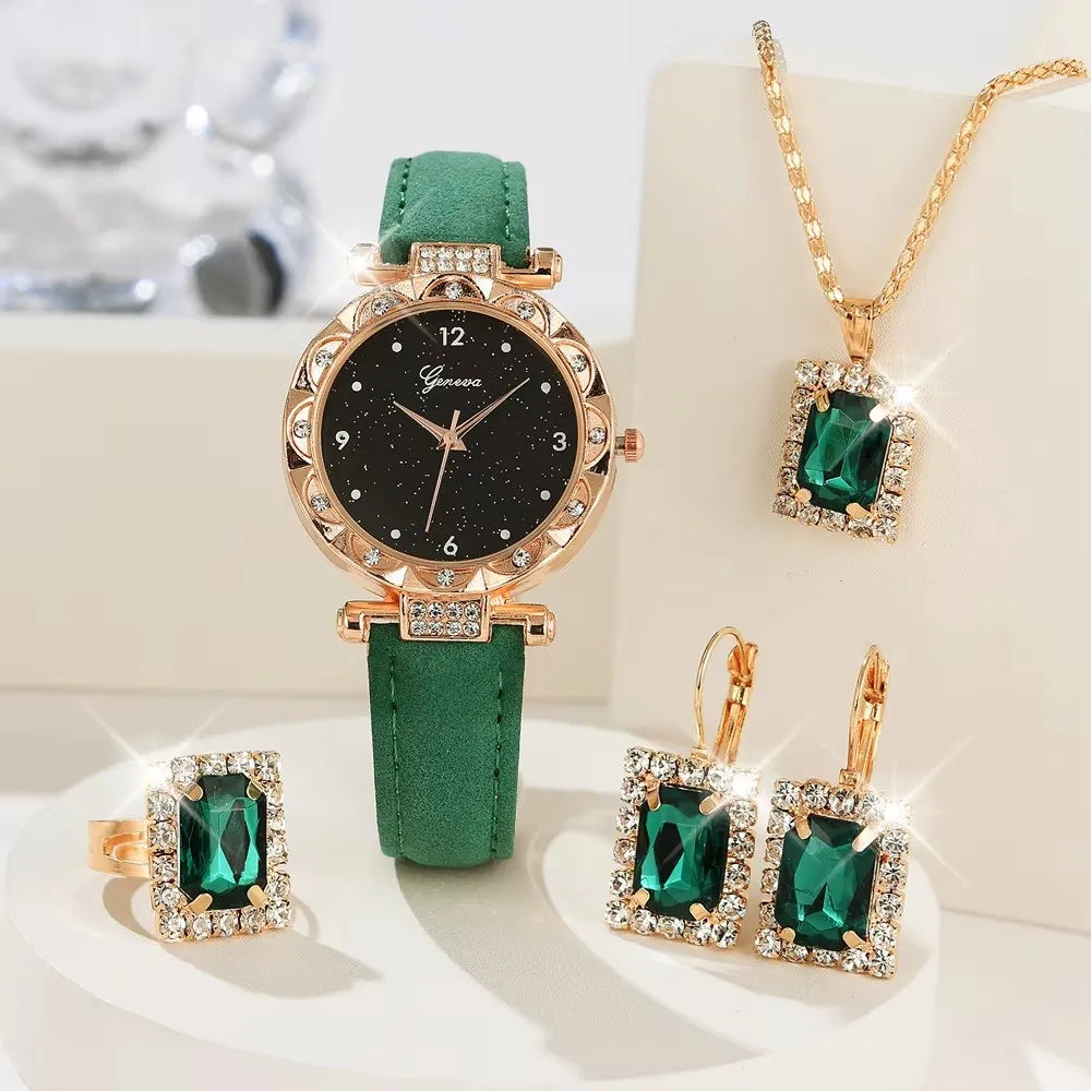 Fashion Women’s Quartz Wristwatch & Bracelet Set – Sparkling 5Pcs Gift Box