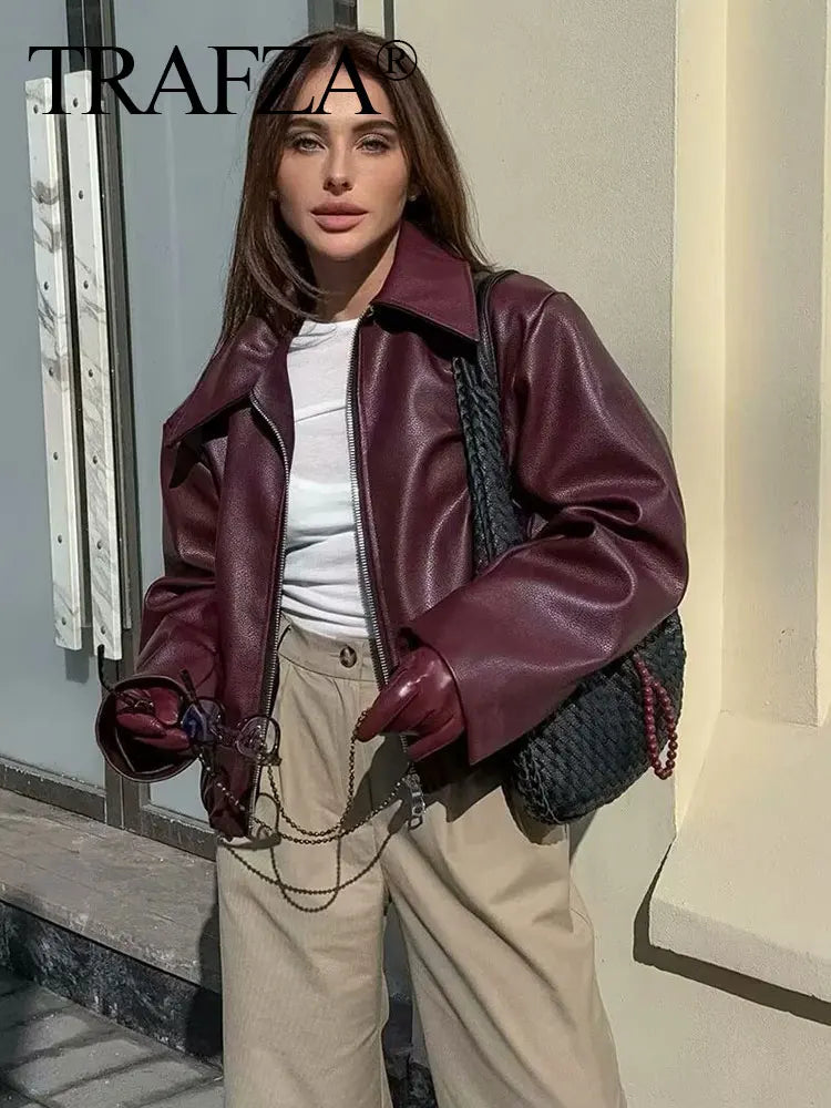 Fashion PU Leather Lapel Jacket – Warm Zipper Outerwear for Ladies