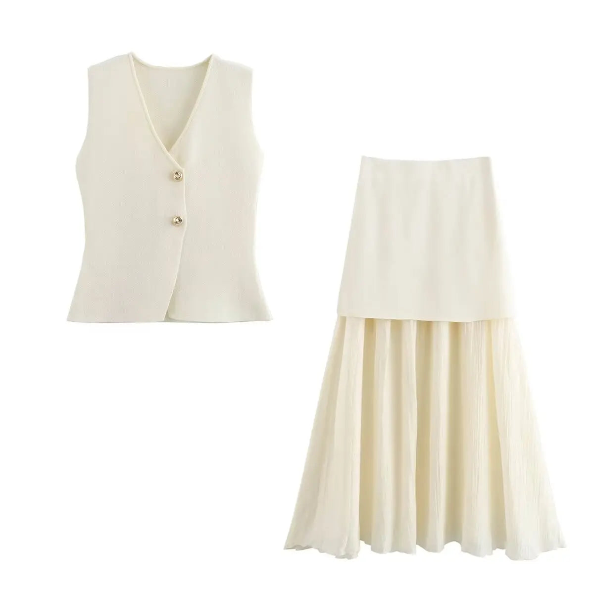 Women’s Knitted Skirt Set – Sleeveless V-Neck Vest & High Waist Long Skirt
