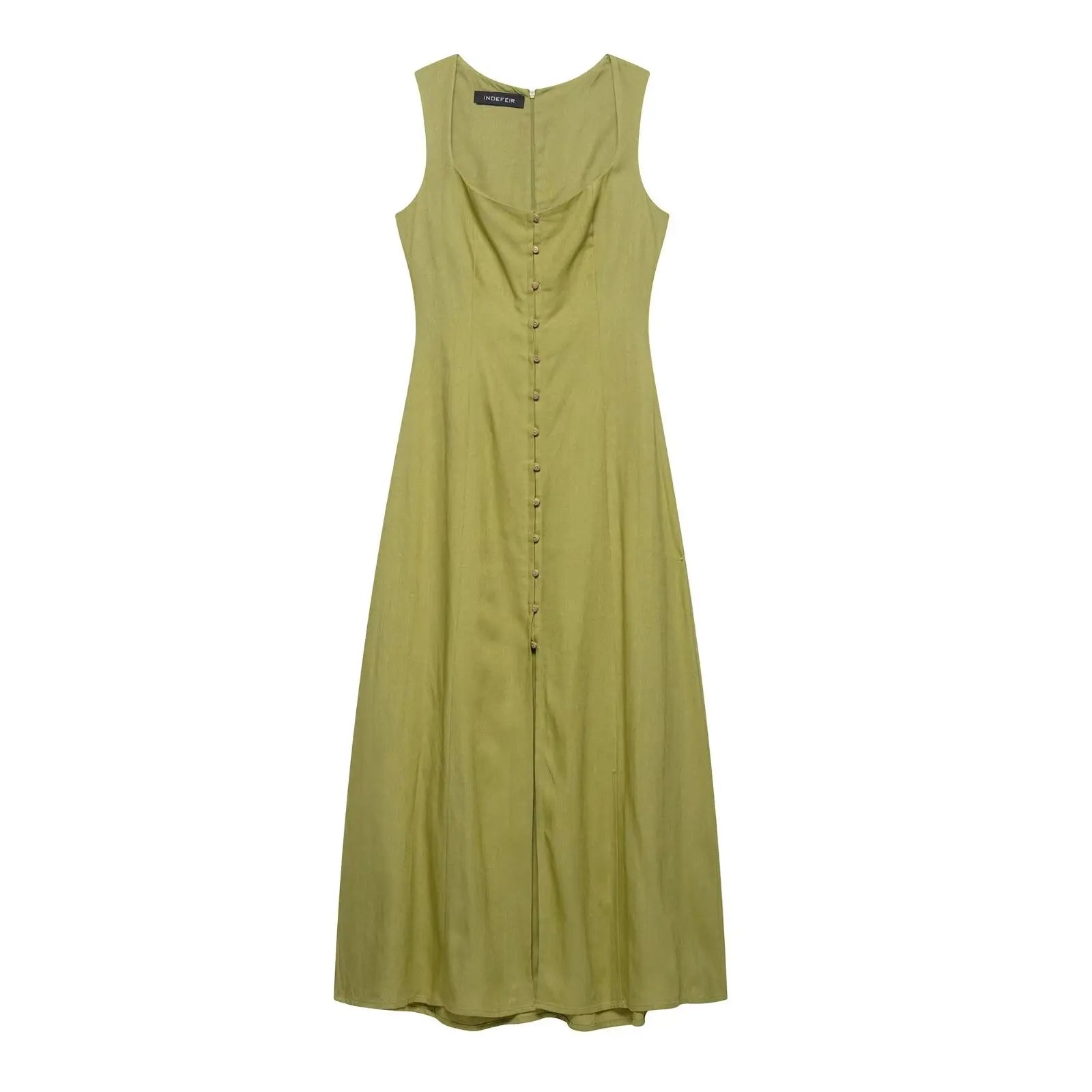Ladies’ Vacation Midi Dress – Solid Green Square Neck with Front Buttons