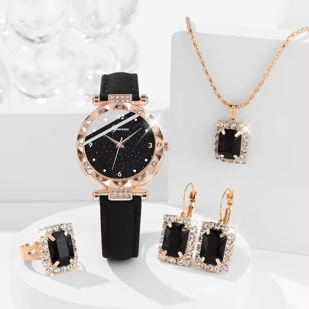 Fashion Women’s Quartz Wristwatch & Bracelet Set – Sparkling 5Pcs Gift Box