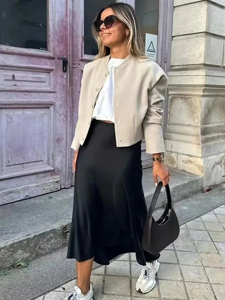 Classic Satin Midi Skirt – Chic High Waist Office & Evening Wear